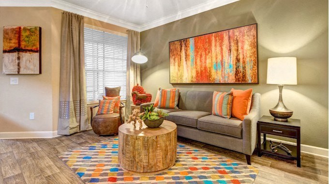 a living room with a couch and a coffee table