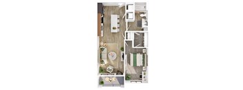 A top-down view of a modern apartment layout.