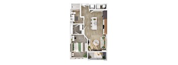 A top-down view of a modern apartment with a kitchen, living room, and bathroom.
