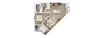 A top-down view of a modern apartment layout with a kitchen, living room, and bathroom.