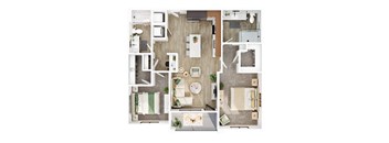 A top-down view of a modern, minimalist apartment layout.