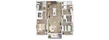 A top-down view of a small apartment with a kitchen, living room, and bathroom.