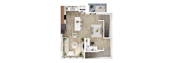 A top-down view of a modern living room with a kitchen area.
