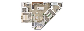A top-down view of a house layout with a kitchen, living room, dining area, and a balcony.