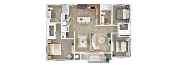 A top-down view of a well-organized apartment with a kitchen, living room, and bedrooms.
