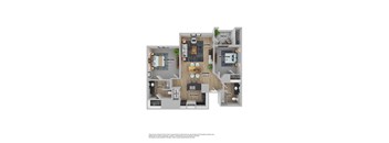 A floor plan of a two-bedroom apartment with a living room, kitchen, dining room, and bathroom.