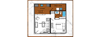 a floor plan of a one bedroom apartment with a bathroom and kitchen