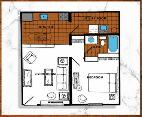 a floor plan of a one bedroom apartment with a bathroom and kitchen