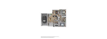 A floor plan of a house with a garage, two bedrooms, a living room, a kitchen, a dining room, a bathroom, and a storage closet.