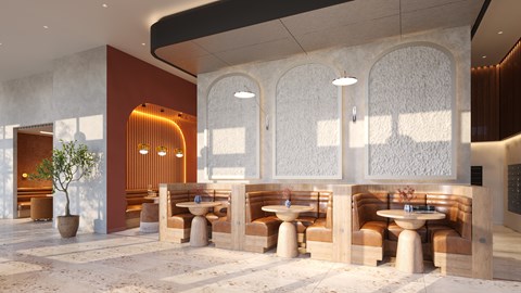 A modern dining area with a mix of round and square tables.