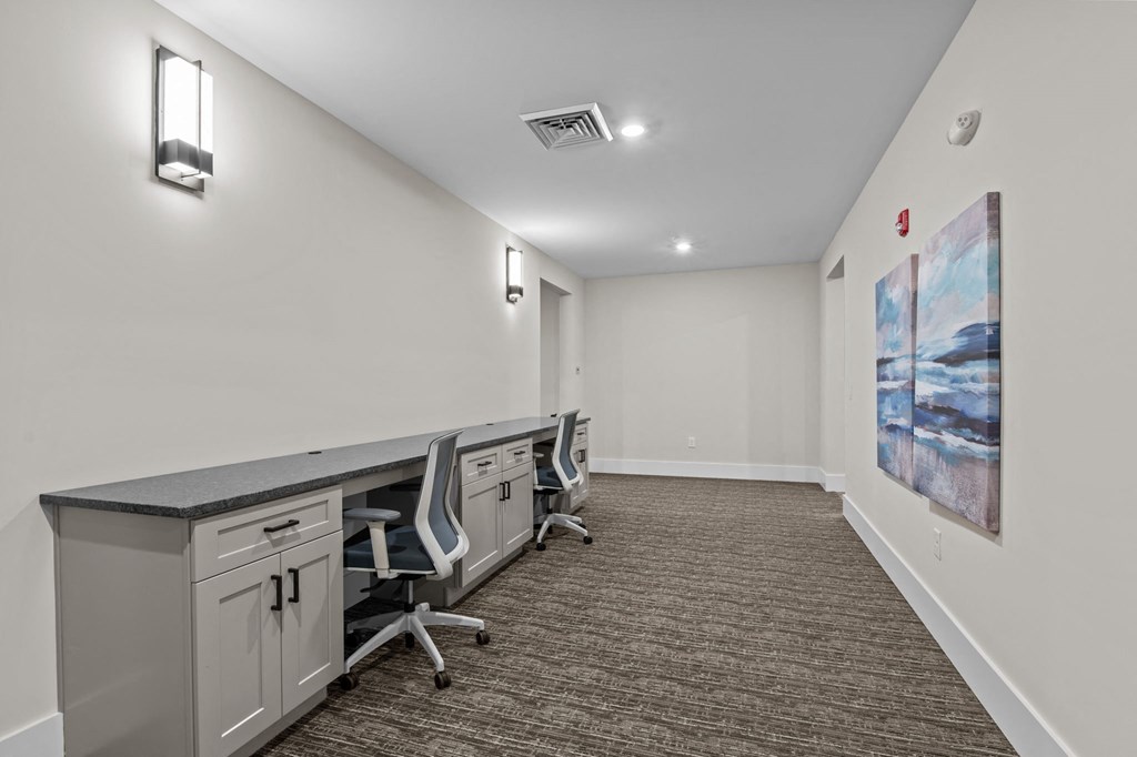 a room with a long desk with chairs and a rug