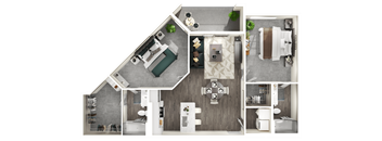 A top-down view of a house floor plan with a kitchen, living room, dining area, and bathroom.