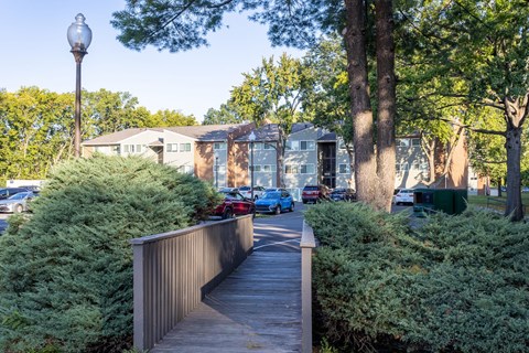 A wooden walkway leads through a green shrubbery to a building.