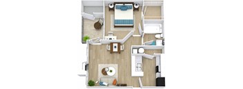 a bedroom with a bed and a chair in a room