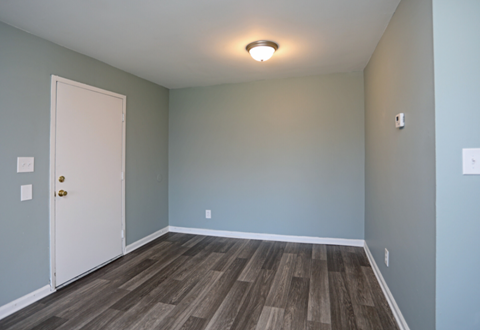 a room with blue walls and a white door and wood flooring