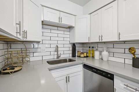 A kitchen with white cabinets and a stainless steel dishwasher.