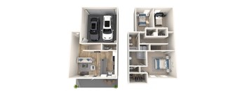 two views of a house and a car in a floor plan