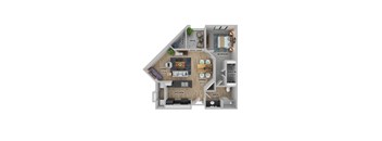 A 3D floor plan of a small apartment with a living room, kitchen, bathroom, and bedroom.