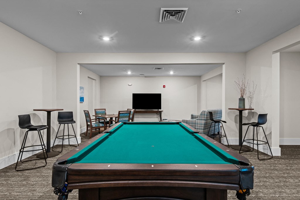 a games room with a pool table and a television