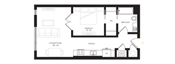 a floor plan of a living room with a bedroom and a kitchen