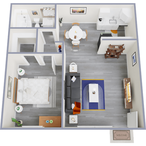 a 3d rendering of our 1 bedroom apartment at princeton court apartments in dallas