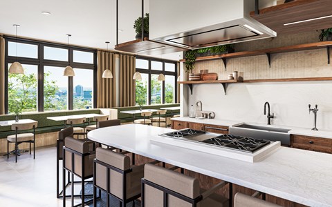 A modern kitchen with a large island and lots of counter space.