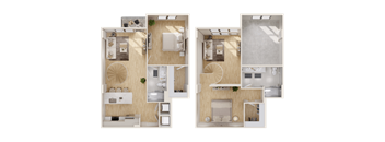 Two floor plans of a house with a kitchen, living room, bedrooms, and bathrooms.