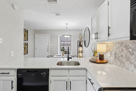 A kitchen with a black dishwasher and a black oven.