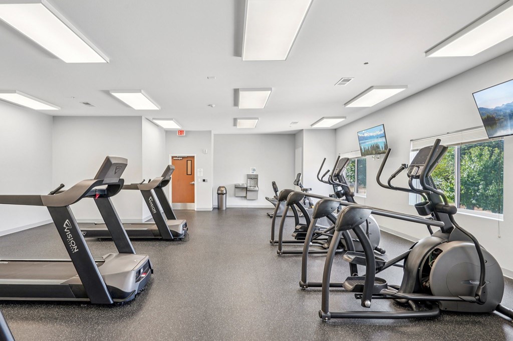 A gym with treadmills and elliptical machines.