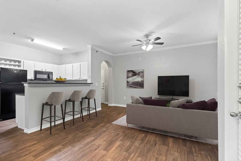 a living room with a couch and a kitchen with a bar and a tv