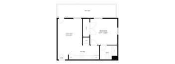A black and white image of a floor plan for a home with a living area, kitchen, bathroom, and bedroom.