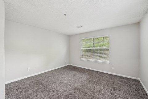 A room with a carpeted floor and a window with blinds.