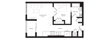 a floor plan of a studio apartment with a bedroom and a living room