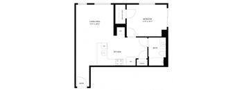 A floor plan of a house with a living area, kitchen, bathroom, and bedroom.