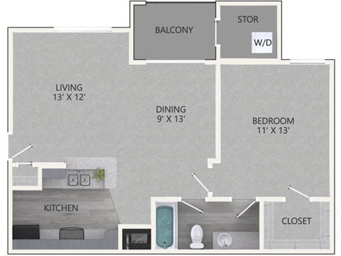 1 Bedroom/1 Bathroom Floor Plan