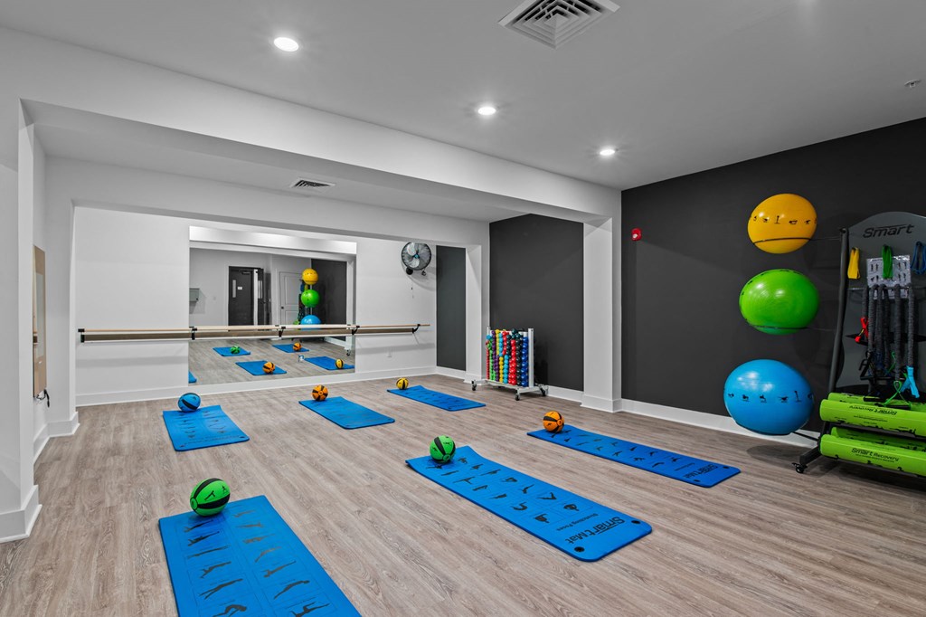 a yoga room with blue yoga mats and colorful balls on the wall