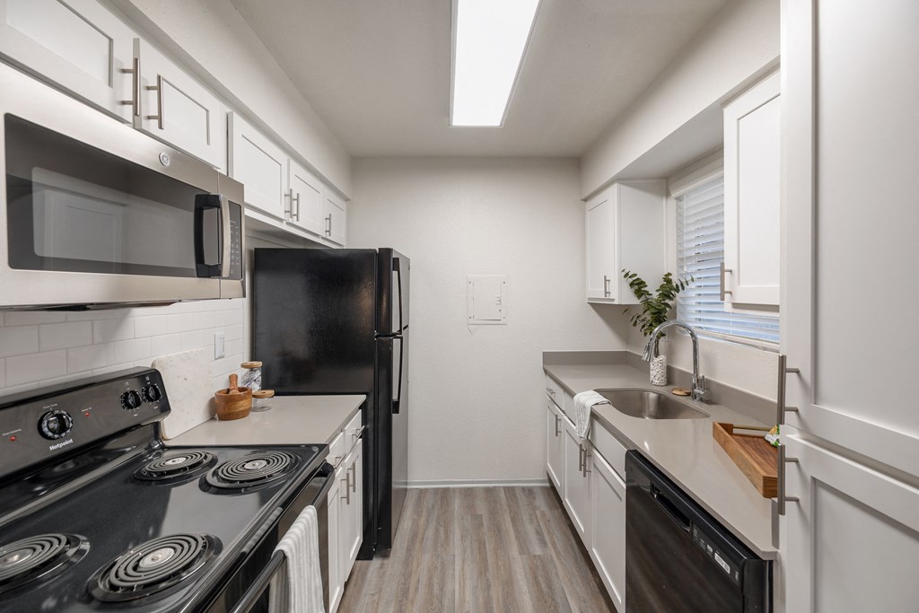 the preserve at ballantyne commons apartment kitchen with stove refrigerator and sink