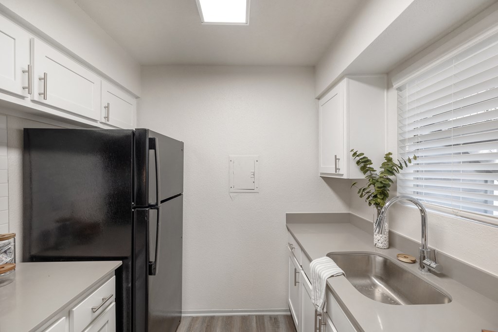 the preserve at ballantyne commons apartment kitchen with black refrigerator and sink