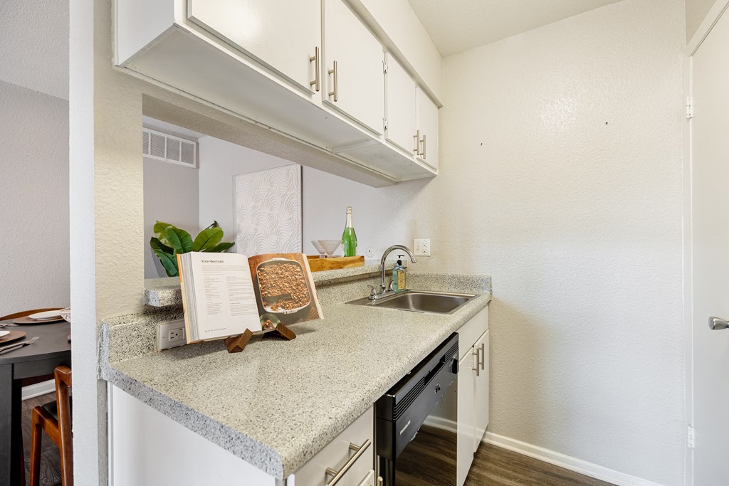 a kitchen with white cabinets and a counter top and a sink