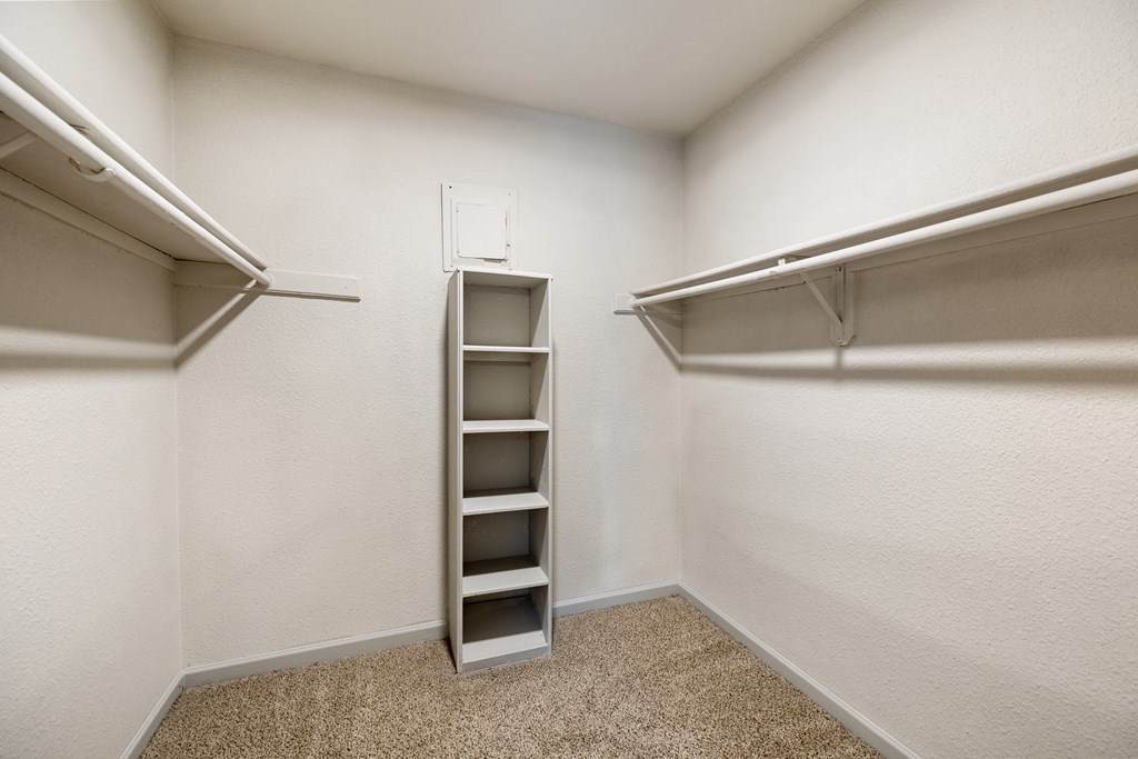 a spacious walk in closet with shelves and a mirrored closet door