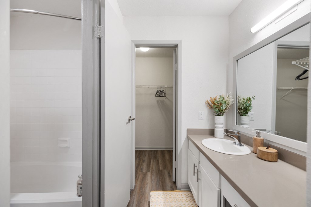 a bathroom with a shower and a sink and a mirror