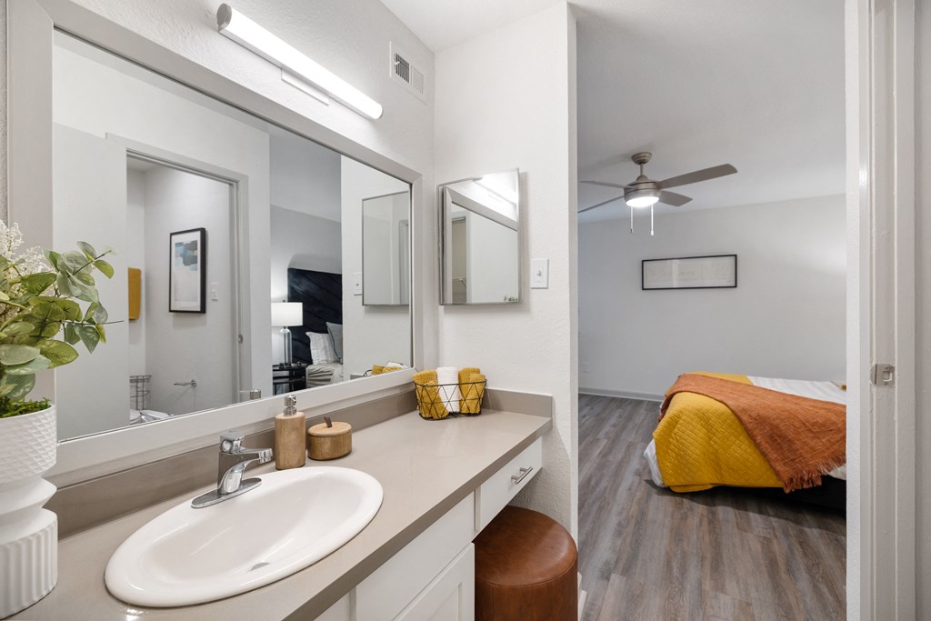 a bathroom with a sink and a mirror and a bed