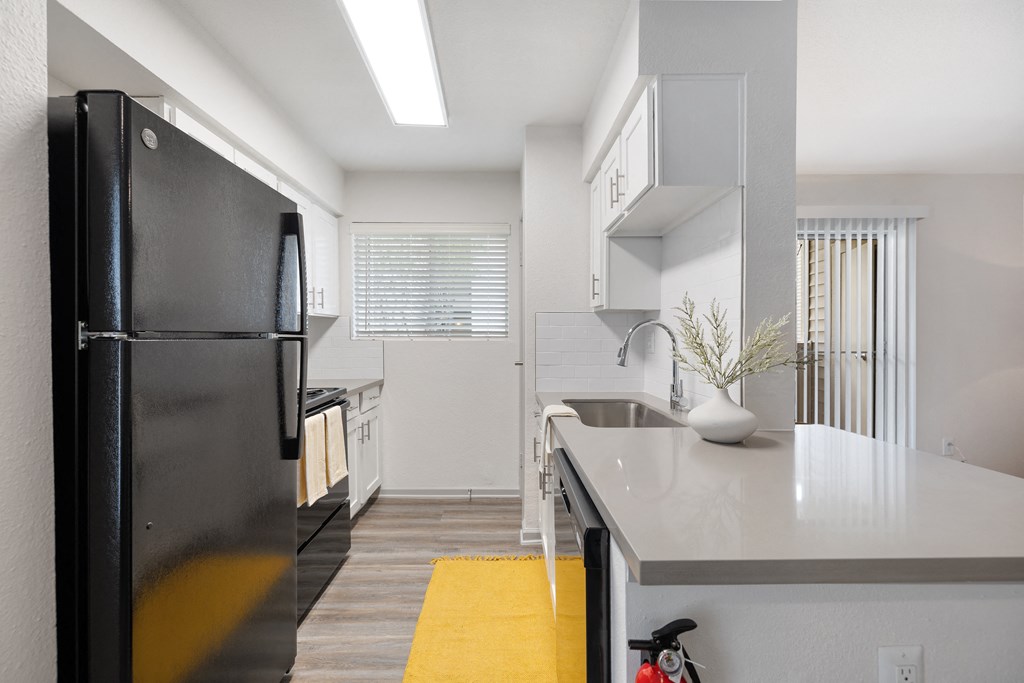 a kitchen with a black refrigerator and a white counter top