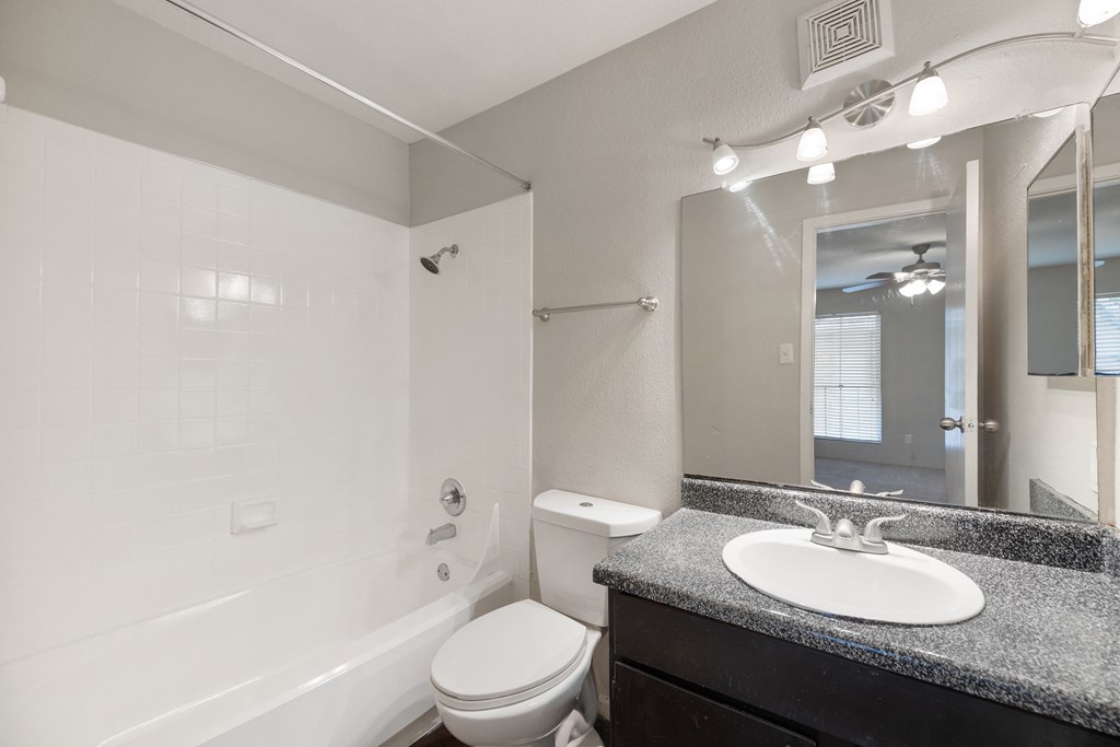 a bathroom with a shower sink and toilet and a mirror