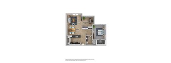 A floor plan of a small apartment with a living room, dining room, kitchen, bathroom, bedroom, closet, and laundry area.