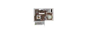 a stylized floor plan with a bedroom and a living room