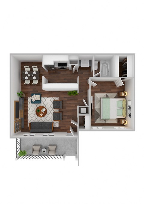 a stylized floor plan with a bedroom and a living room