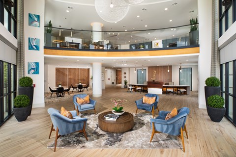 A large, modern living room with blue chairs and a coffee table.