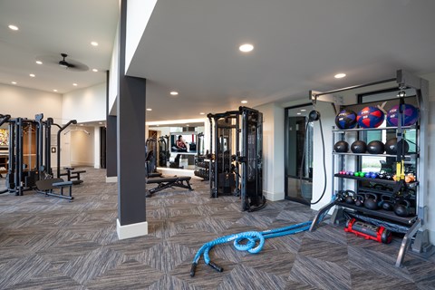 A gym with a variety of equipment including a rowing machine.
