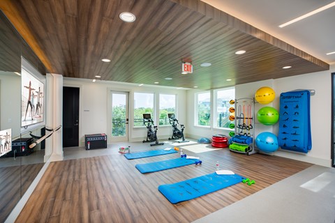 A yoga studio with exercise equipment and mats.